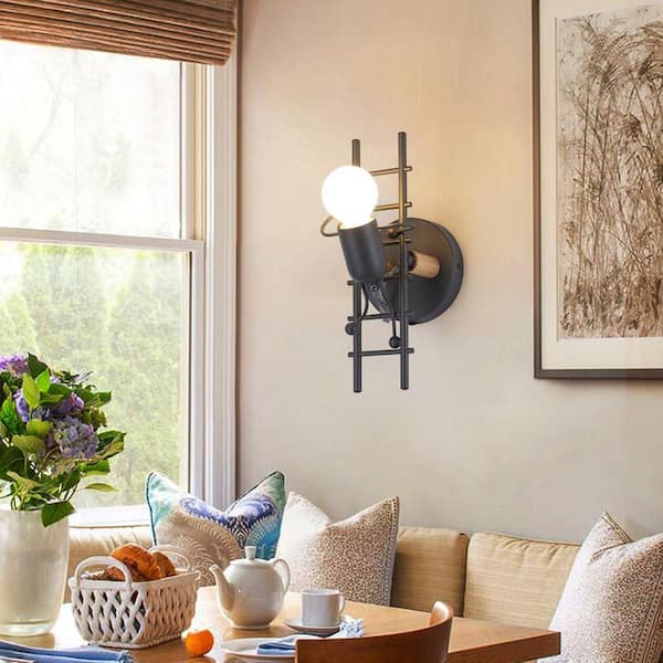 Modern 3.2 in. 1 Light Plug in Grey Ant Stairs Wall Sconces, Industrial Wood Base Wall Lamp with Switch