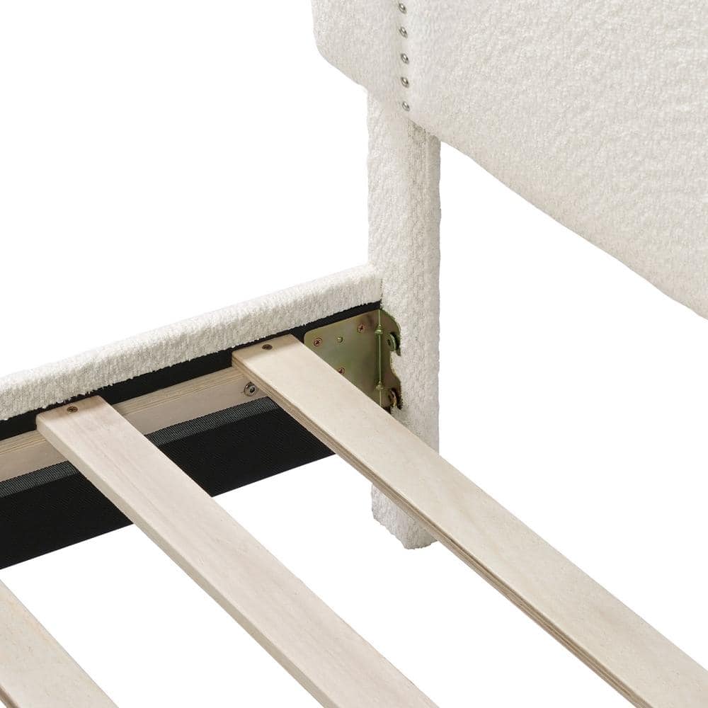 White Boucle Upholstered Queen Bed with Nailhead Trim and Wood Frame