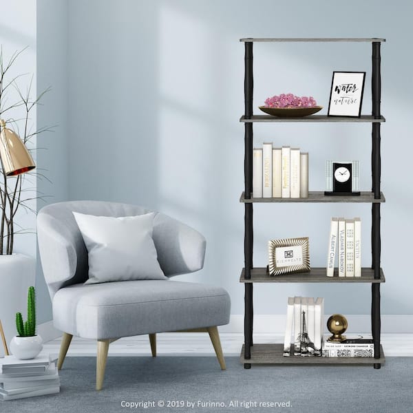 Furinno 57.4 in. Tall Dark French Oak/Black Wood 5-Shelves Etagere Bookcases