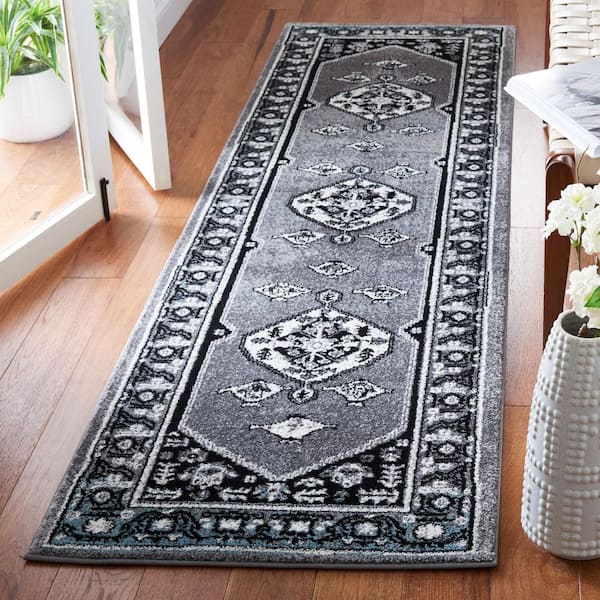 Vintage Hamadan 2 ft. x 8 ft. Gray/Black Medallion Ornate Border Runner Rug