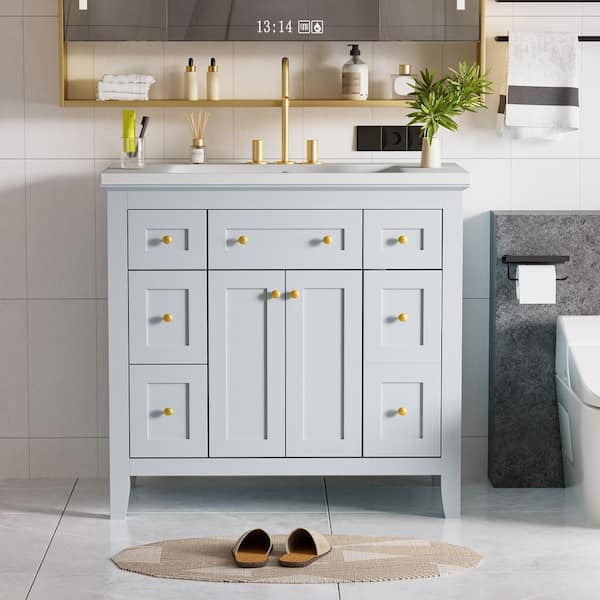 Qualler 36 in. W x 18 in. D x 34.4 in. H Single Sink Freestanding Light Blue Bath Vanity with White Resin Top
