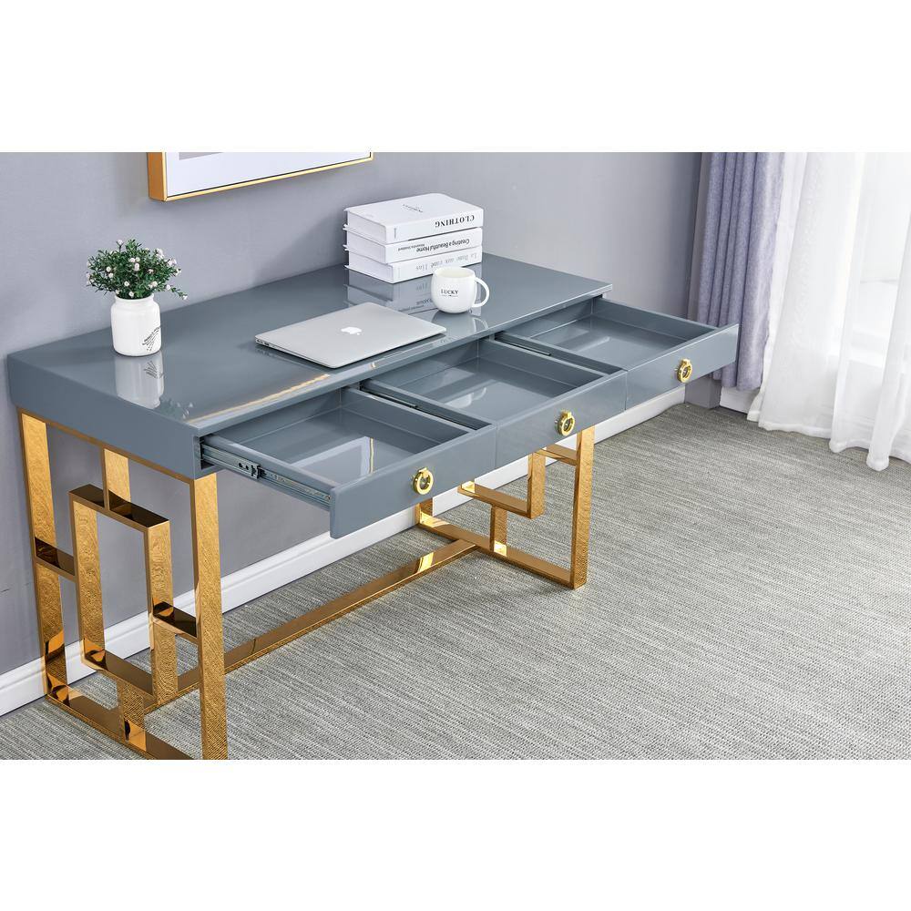 Gray and Gold Wood Writing Desk with Drawers