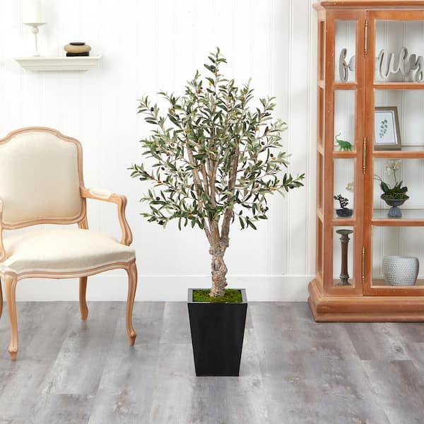 Nearly Natural 4.5 ft. Olive Artificial Tree in Black Metal Planter
