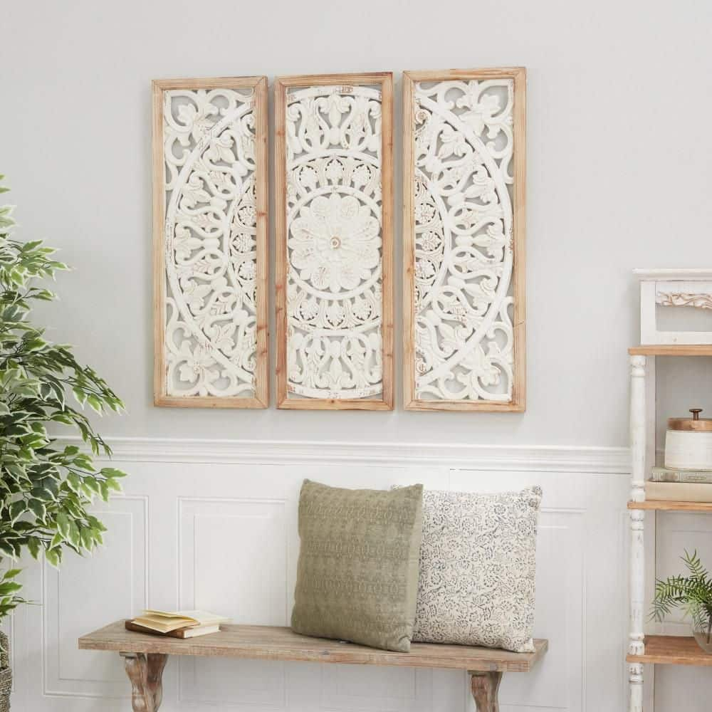 LITTON LANE Wood White Intricately Carved Floral Wall Decor with ...