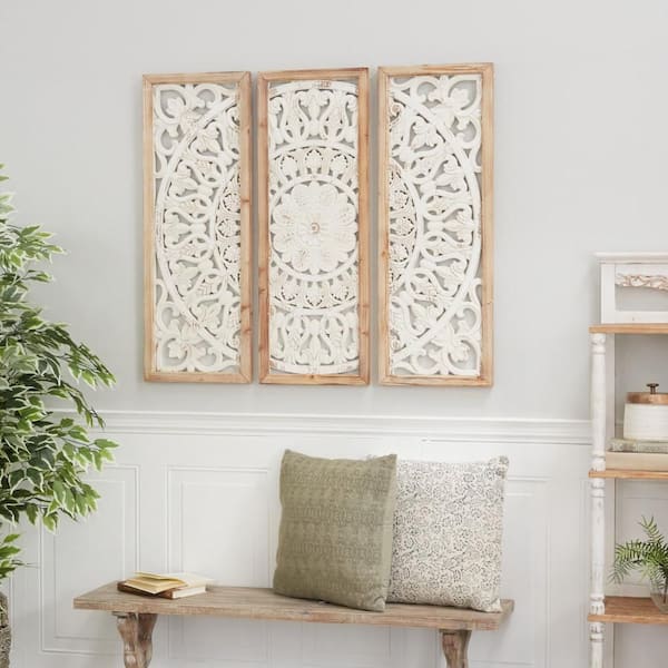 LITTON LANE Wood White Intricately Carved Floral Wall Decor with Mandala Design (Set of 3)