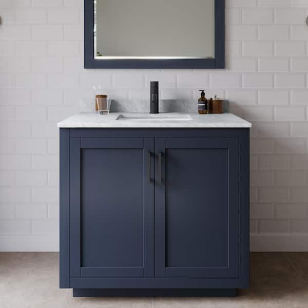 Wyndham Collection Miranda 36 in. W Single Bath Vanity in Dark Blue with Marble Vanity Top in White Carrara with White Basin