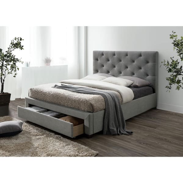 Stevies Gray King Upholstered Wood Frame Platform Bed With Foot Drawer