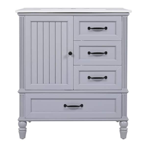 Ziyudura 30 in. Single Sink Freestanding Gray Bath Vanity with White Ceramic Top, Adiustable Foot Pads, 3 Drawers