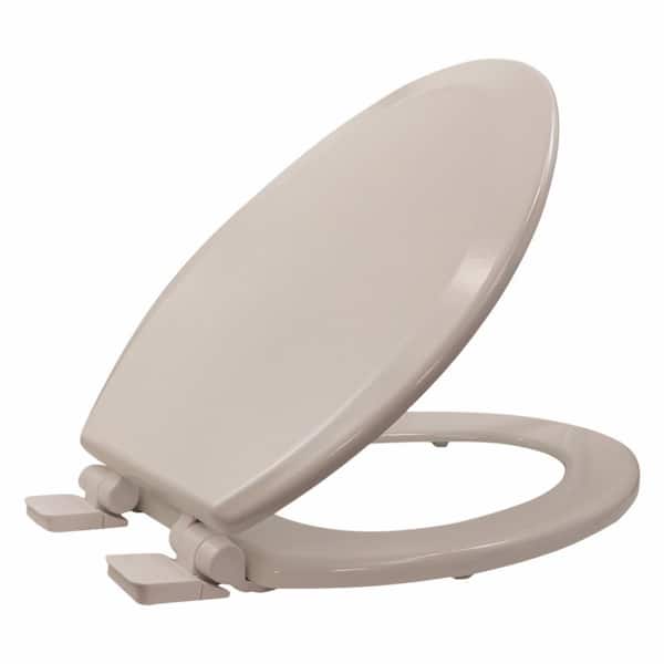 PLUMBFLEX Elongated Molded Wood Toilet Seat With Slow Close - Easy Remove Adjustable Hinge, Bone