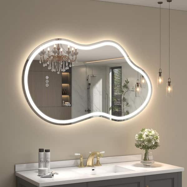 24 in. W x 36 in. H Irregular Frameless LED Lighted Anti-Fog Tempered Glass Asymmetrical Wall Bathroom Vanity Mirror
