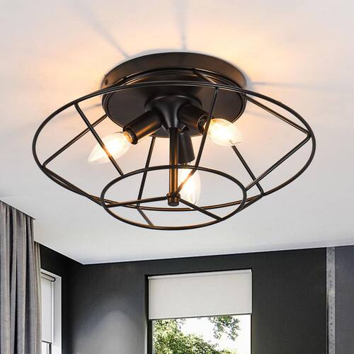 in 3-Light Modern Black Metal Cage Industrial Flush Mount