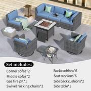 Messi Grey 8-Piece Wicker Outdoor Patio Fire Pit Conversation Sofa Set with Swivel Chairs and Denim Blue Cushions