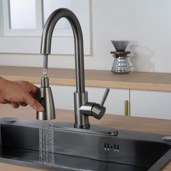 Stainless Steel Single Handle Pull Down Sprayer Kitchen Faucet with 2-Mode Advanced Spray, Deckplate in Gray