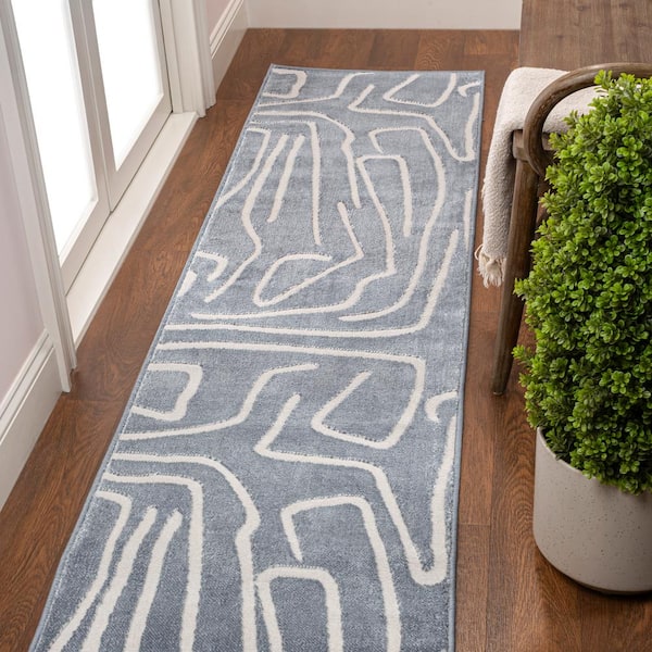 Alcina Modern Scandinavian Graphic Lines High-Low Blue/White 2 ft. x 8 ft. Runner Rug