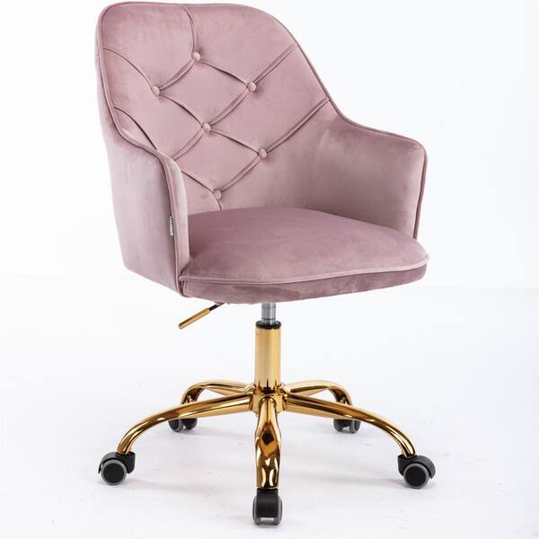 Pink Modern Velvet Material Adjustable Height 360° Office Chair with Gold Metal Legs and Universal Wheel