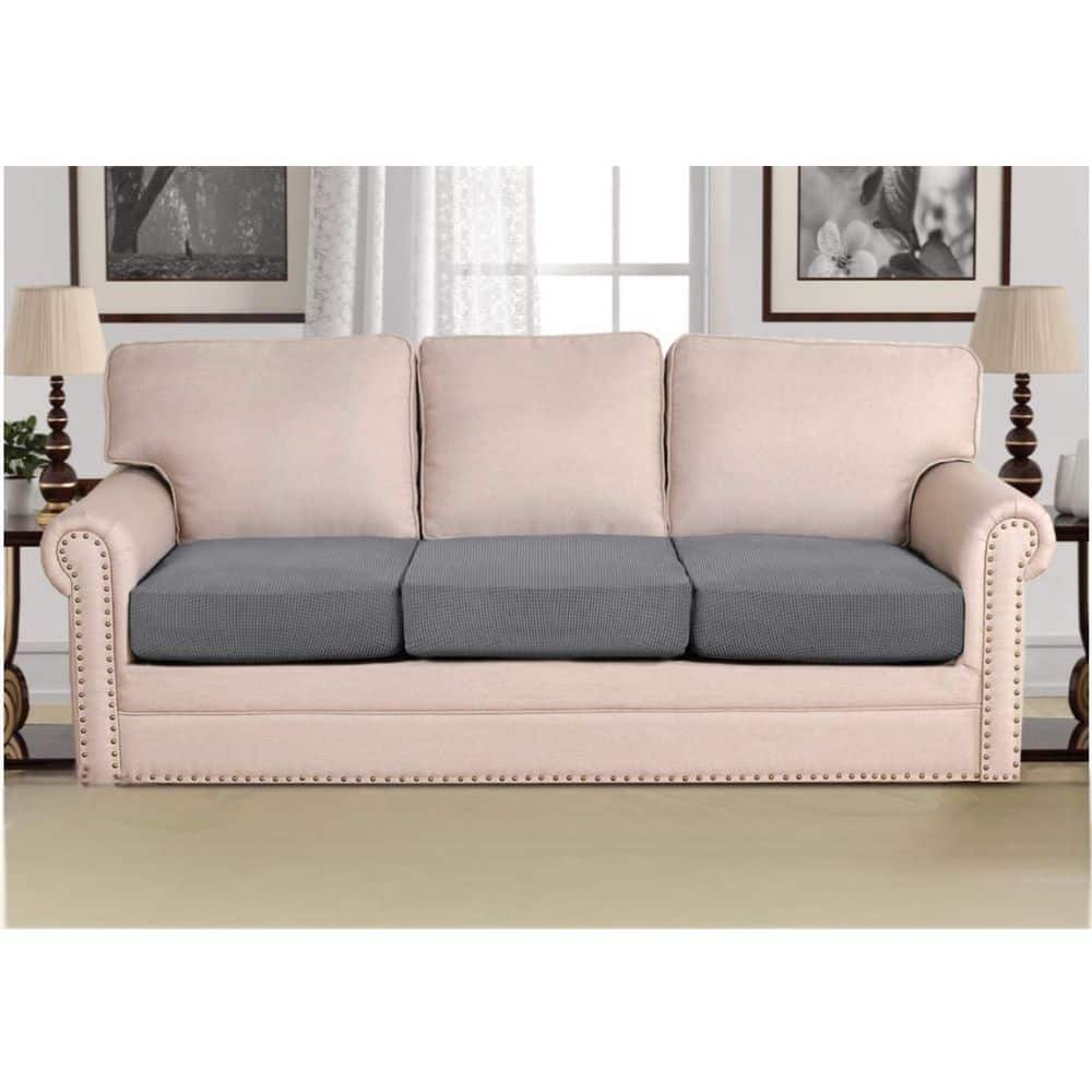Gray Polyester Three Piece Individual Seat Sofa Cushion Slipcover Sets, Thi