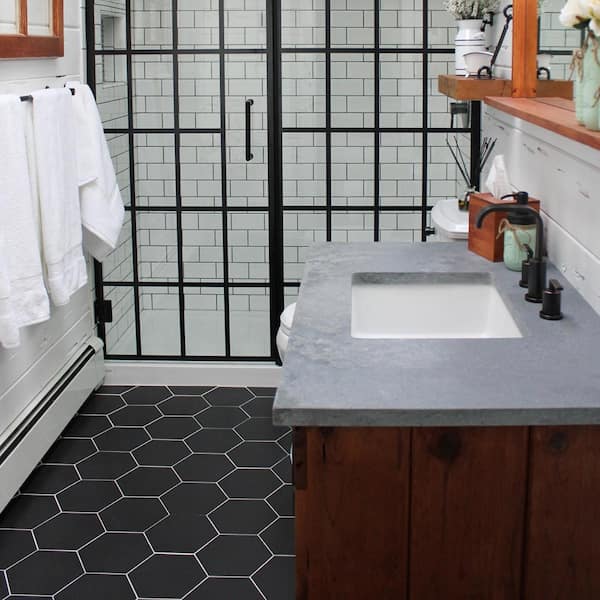 Merola Tile Textile Hex Black 8 5 In, Matte Black Hexagon Bathroom Floor Tile
