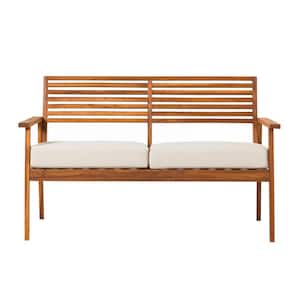Brown Slatted Acacia Wood Mid-Century Modern Outdoor Loveseat with Bisque Cushions