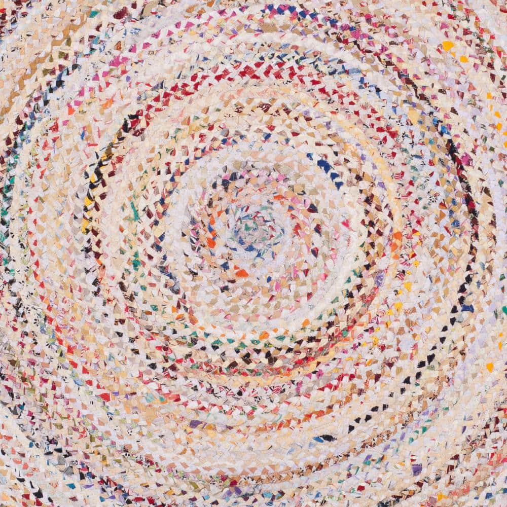 Ivory and Multicolor Braided Round Wool and Cotton Rug