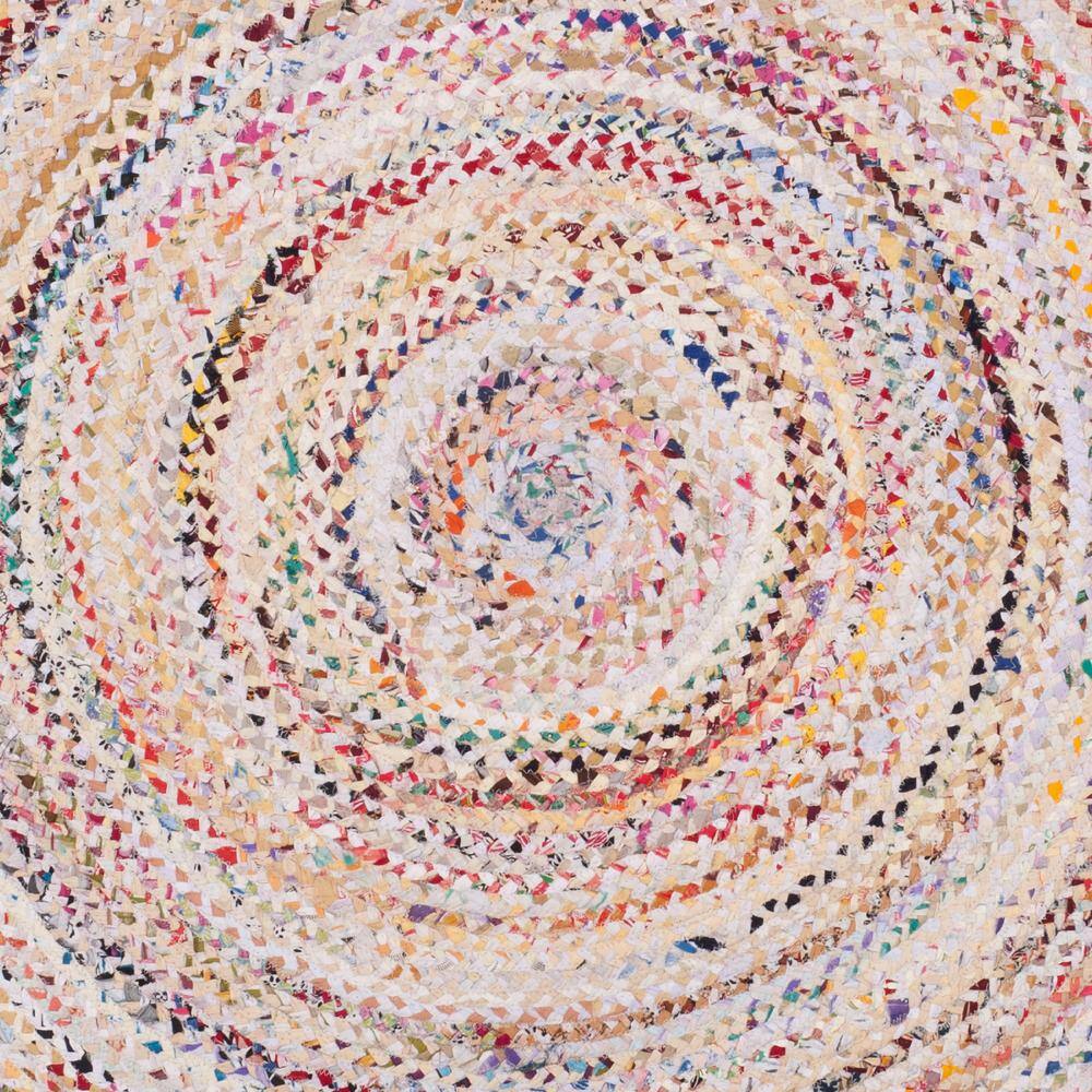 Handmade Ivory and Multicolor Braided Wool and Cotton Round Rug
