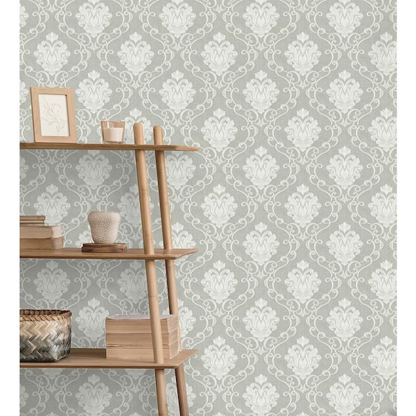 Florentine Grey Damask Textured Non-pasted Vinyl Wallpaper