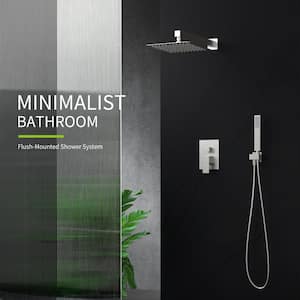 Handle 2-Spray Square Pressure Dual Shower Faucet 2GPM with Self-cleaning Nozzles Brushed Nickel (Valve Included)