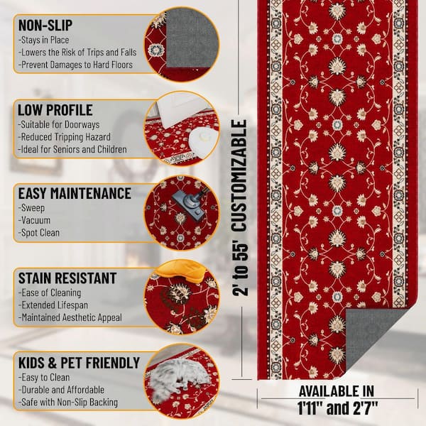 Ascend Non-Slip Rubberback 3 ft.x9 ft. Indoor Custom Cut Runner Rug 2 ft. 7 in. x 9 ft., Red Mahal