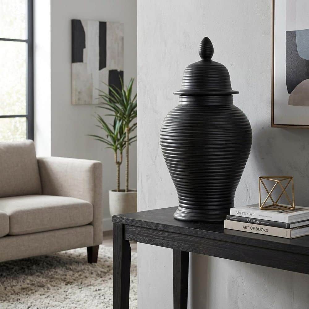 24 in. Black Ceramic Ribbed Temple Jar