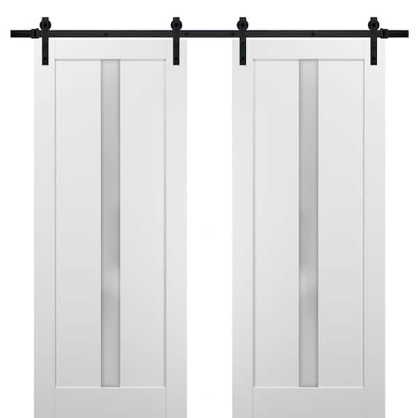 Sartodoors 60 in. x 96 in. 1-Panel 1/4 Lite Frosted Glass White Finished Solid Pine MDF Sliding Barn Door with Hardware Kit