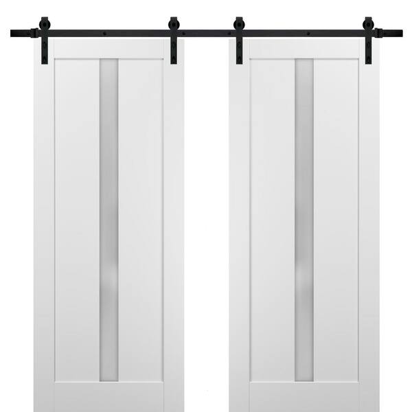 Sartodoors 72 in. x 80 in. 1-Panel 1/4 Lite Frosted Glass White Finished Solid Pine MDF Sliding Barn Door with Hardware Kit