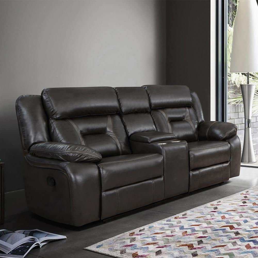 Belmont 76 in. W Dark Gray Faux Leather Manual Double Reclining Loveseat wi