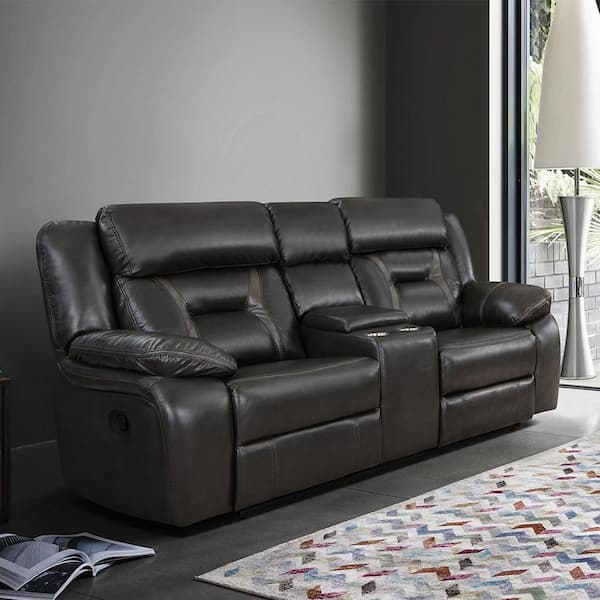 Lazzara Belmont 76 in. W Dark Gray Faux Leather Manual Double Reclining Loveseat with Center Console