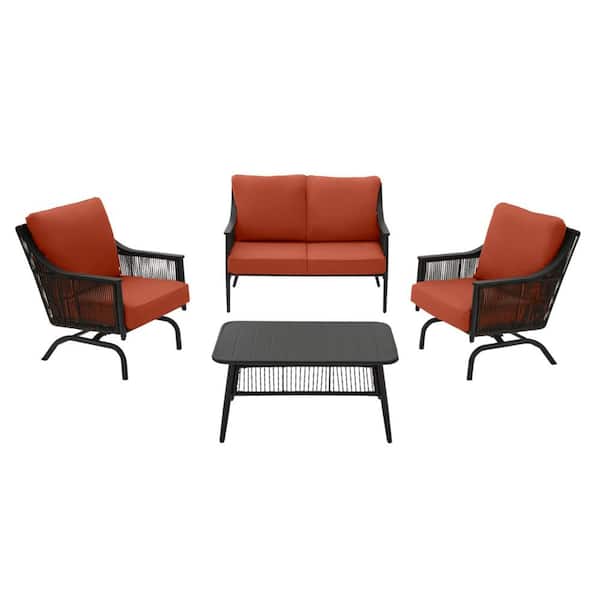 Hampton Bay Bayhurst 4-Piece Black Wicker Outdoor Patio Conversation Seating Set with CushionGuard Quarry Red Cushions