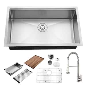 32 in. Single Bowl Undermount 304 Stainless Steel Workstation Sink with Faucet Grid Board Colander Drying Rack Strainer