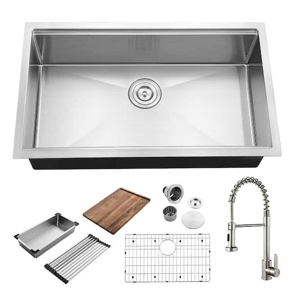 Akicon 32 in. Single Bowl Undermount 304 Stainless Steel Workstation Sink with Faucet Grid Board Colander Drying Rack Strainer