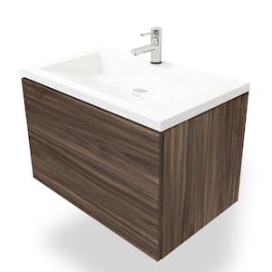 Air Wall Mount 30 in. W x 19 in. D x 20 in. H Floating Bath Vanity in Dark Walnut with White Cultured Marble Top