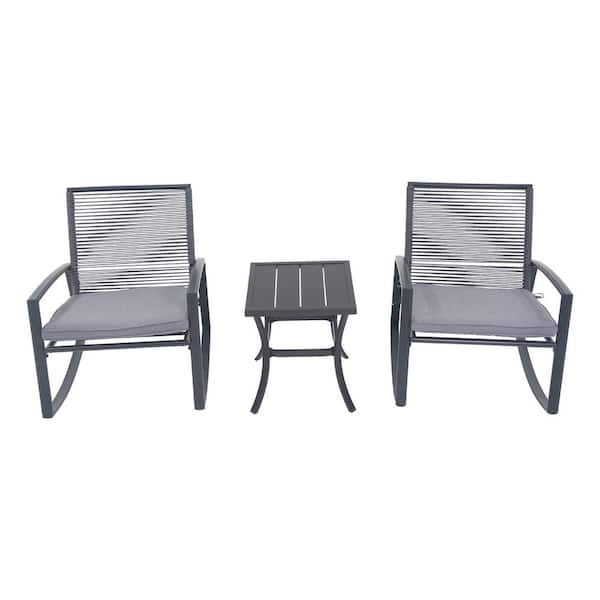 3-Piece Black Metal Outdoor Rocking Recliner with Gray Cushions and Steel Side Table