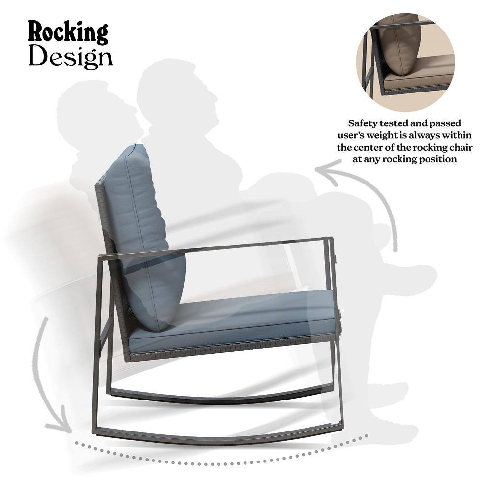 Gray Cushioned Steel Rocking Bistro Set with Glass Table