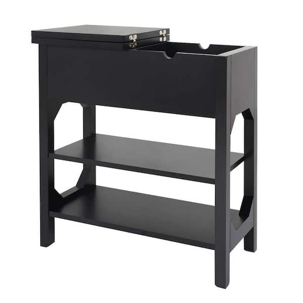 Unbranded 24 in. Black Rectangle MDF Material Flip Top Side Table with 2-Tiers Open Storage Shelves