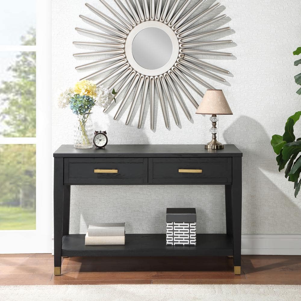 Charcoal and Brass Rectangular Wood Console Table with Storage