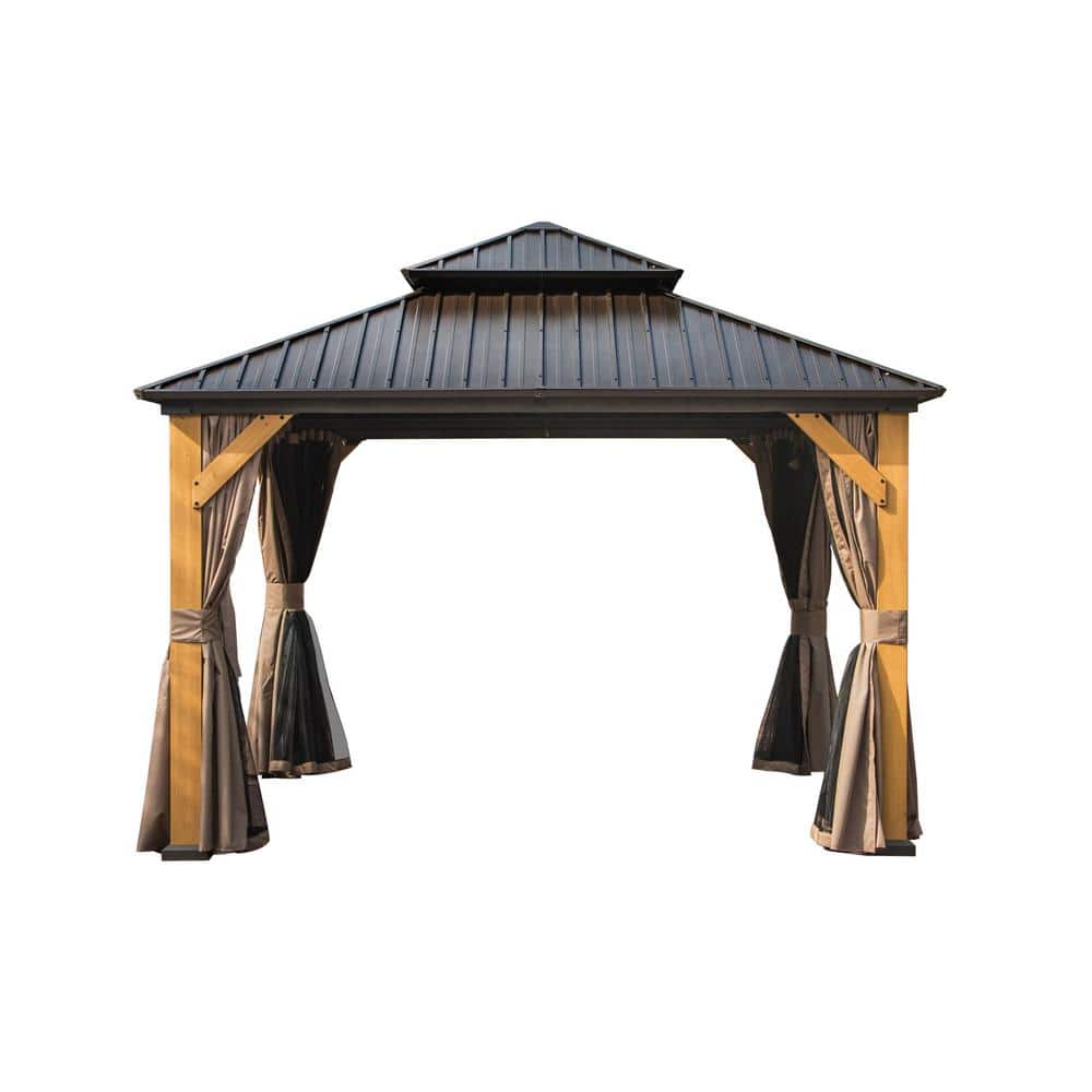 12 ft. x 12 ft. Outdoor Brown Hardtop Gazebo Cedar Wood Frame Galvanized Steel Double Roof with Curtains and Netting price history on PriceWatchPro
