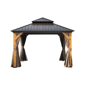 12 ft. x 12 ft. Outdoor Brown Hardtop Gazebo Cedar Wood Frame Galvanized Steel Double Roof with Curtains and Netting
