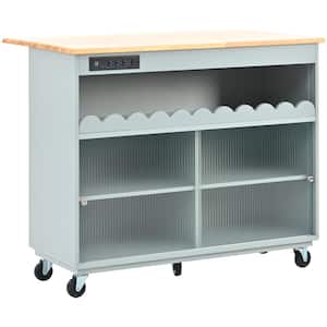 Gray Blue Rubber Wood Top 44.02 in. Kitchen Island with Power Outlets and 2 Sliding Fluted Glass Doors