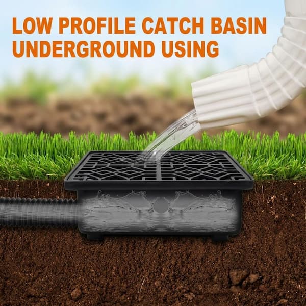 Black Plastic PVC Downspout Extension with Low Profile Catch Basin Black Plastic PVC Downspout Extension with Low Profile Catch Basin