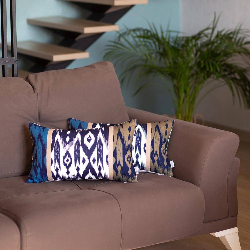 Ikat Blue and Brown Polyester Lumbar Pillow Covers Set
