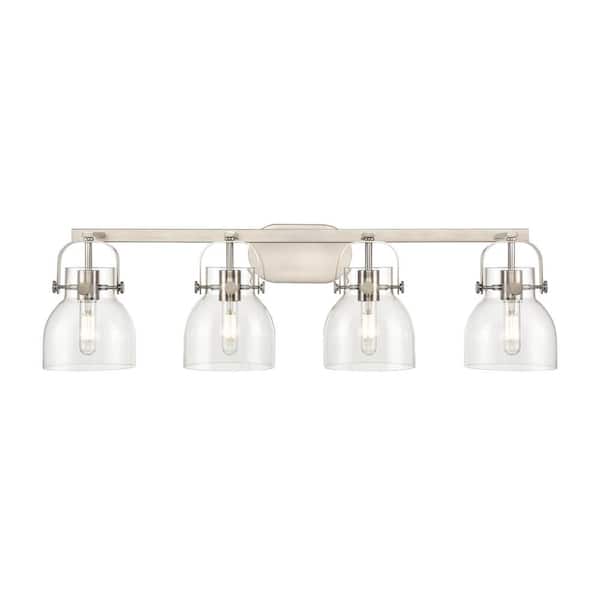 Innovations Pilaster II Bell 36.5 in. 4-Light Satin Nickel Vanity Light with Glass Shade