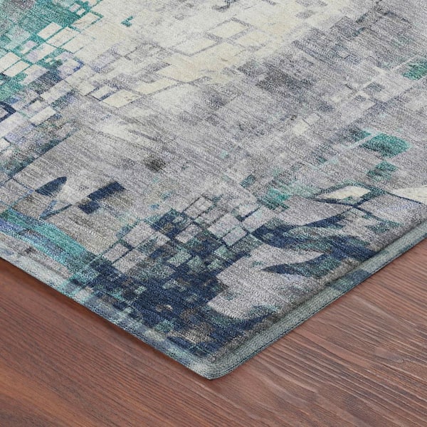 Mayfield Premium Machine Washable Abstract AMF2254 Teal 8 ft. x 8 ft. Round Rug