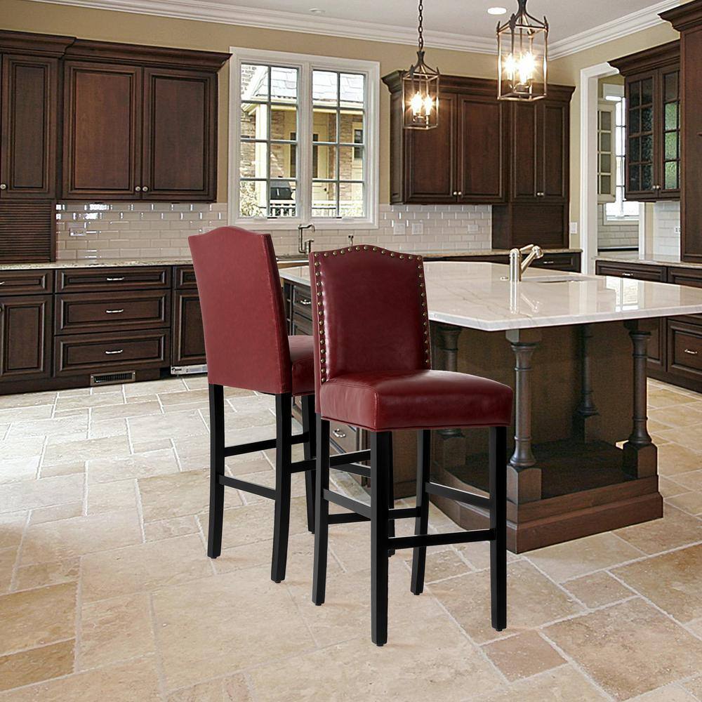 Elegant Red Leatherette Adjustable Barstool Set with Studded Detail