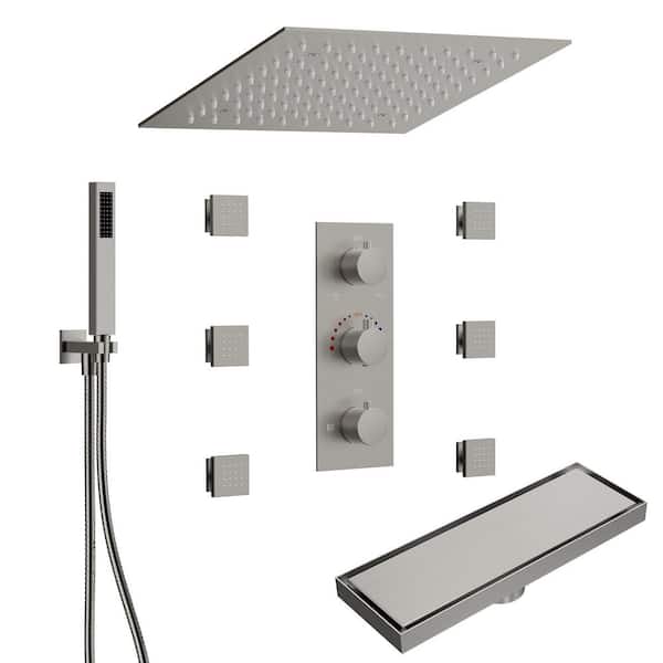 12 in. 5-Spray Ceiling Mount LED Dual Fixed and Handheld Shower Head with Shower Drain 2.5 GPM in Brushed Nickel