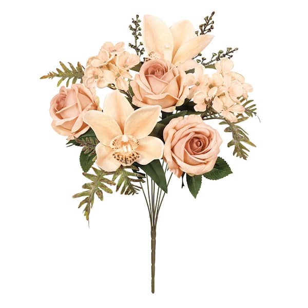 16 in. Light Cafe Brown Artificial Mixed Rose Cymbidium Orchid Hydrangea Flower Stem Bush Bouquet (Set of 2)